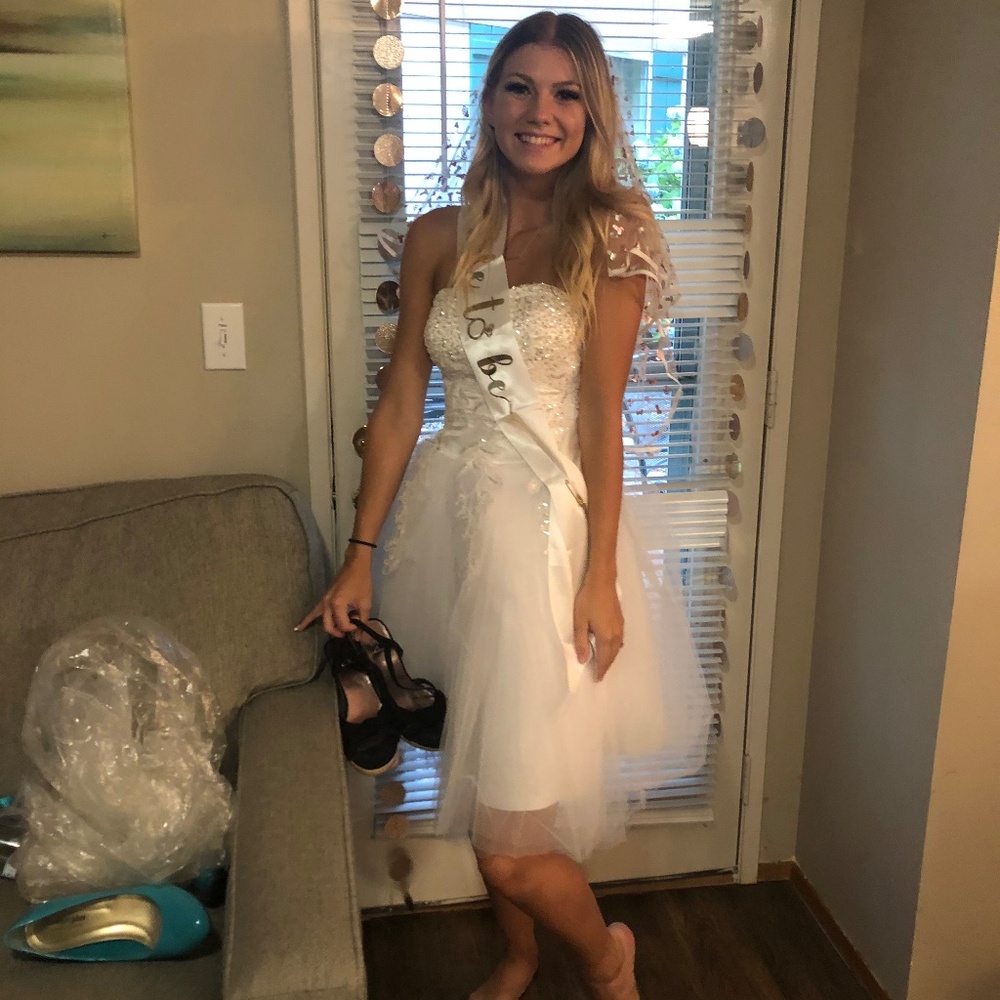 White lace up tulle dress - great bachelorette dress!